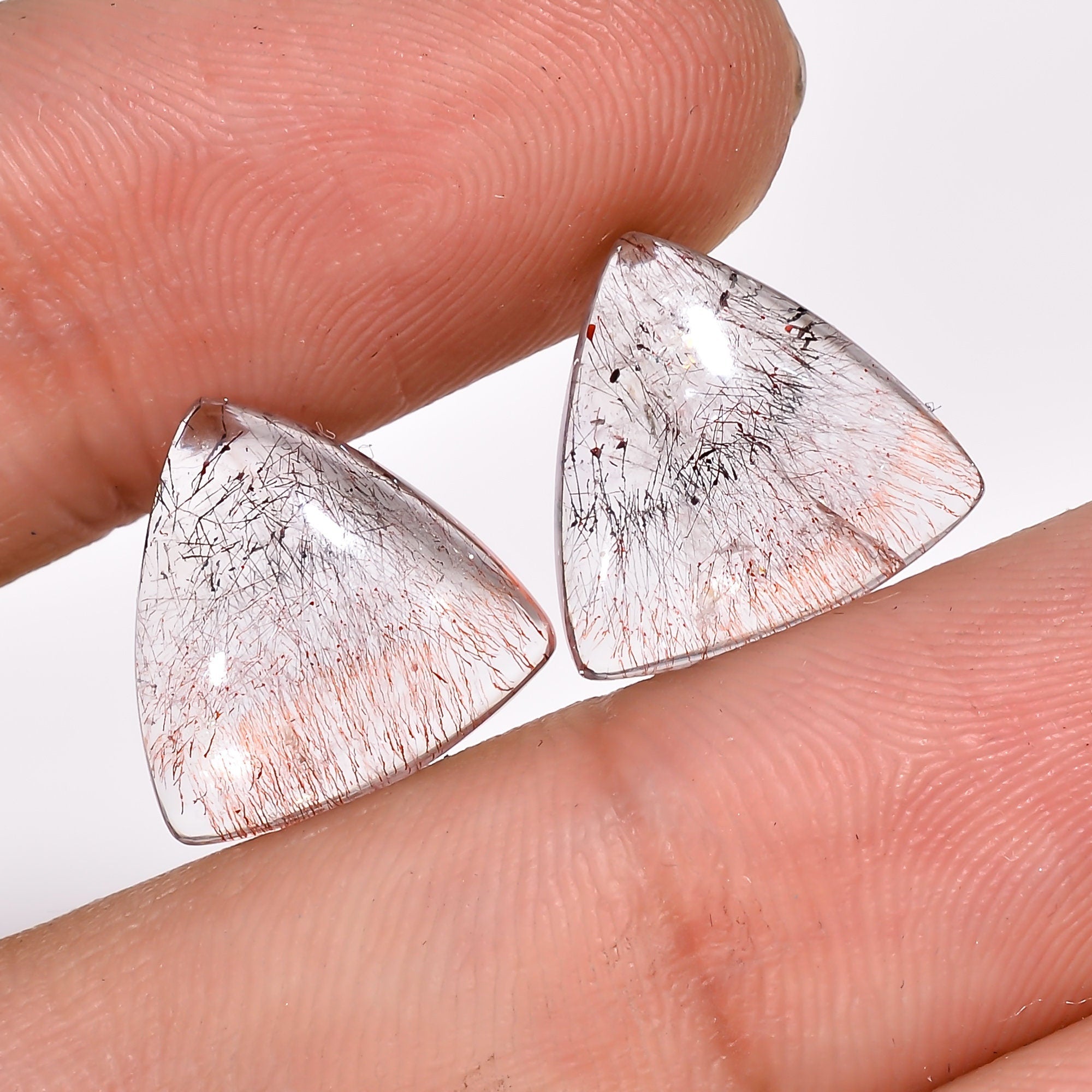 elestial quartz with lepidocrocite trillion shape cabochon natural loose gemstone pair